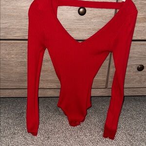 Red V-Neck Ribbed Long Sleeve Bodysuit